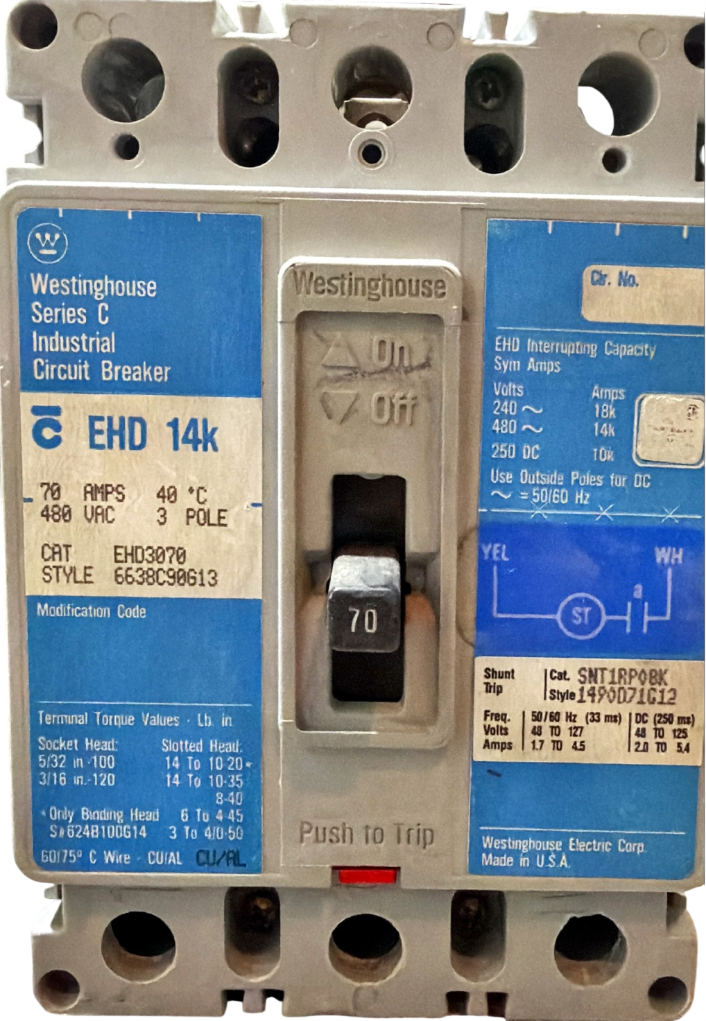 Westinghouse Series C Industrial Circuit Breaker EHD 14k 70 amp