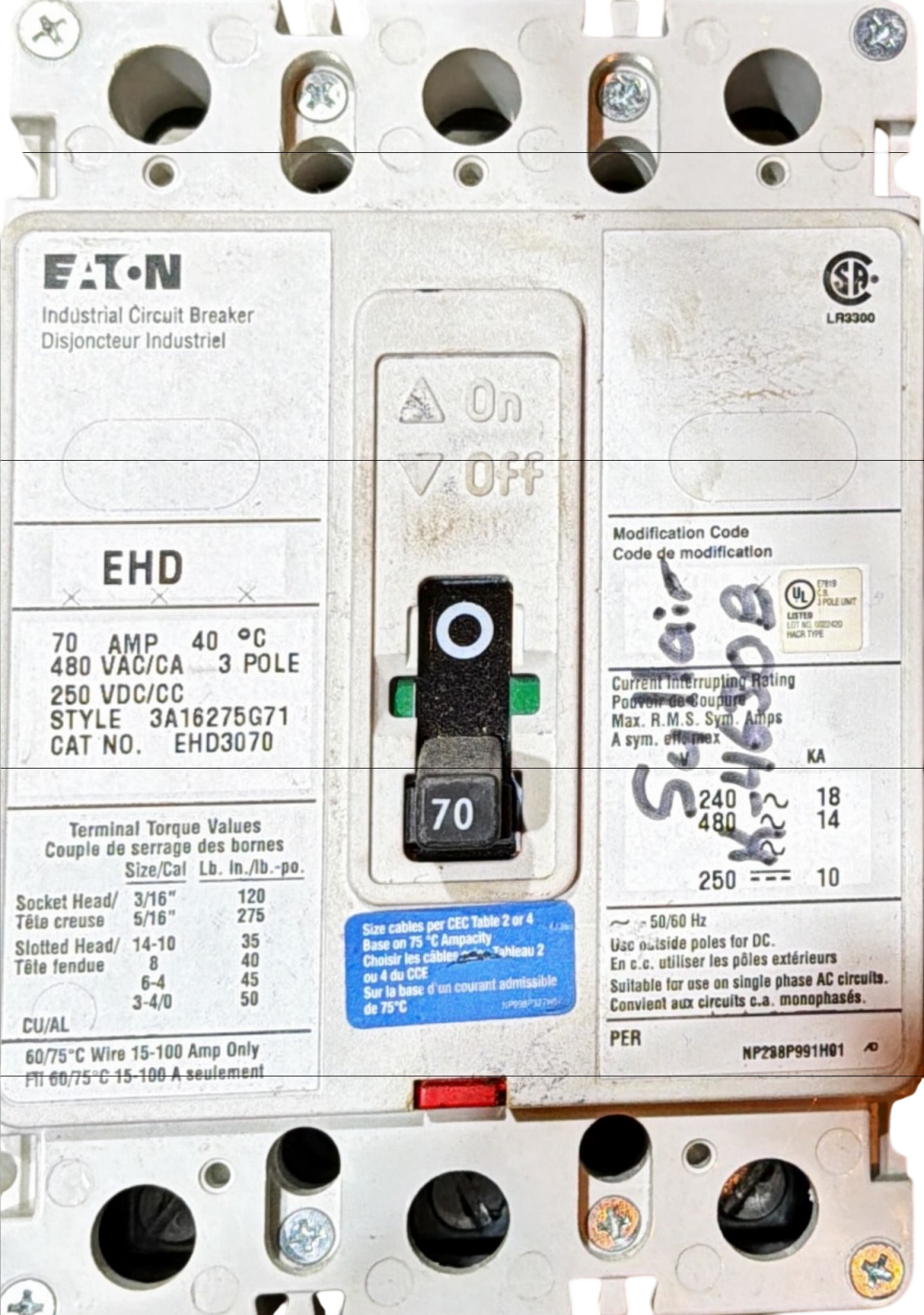 Eaton Industrial Circuit Breaker EHD 70 AMP