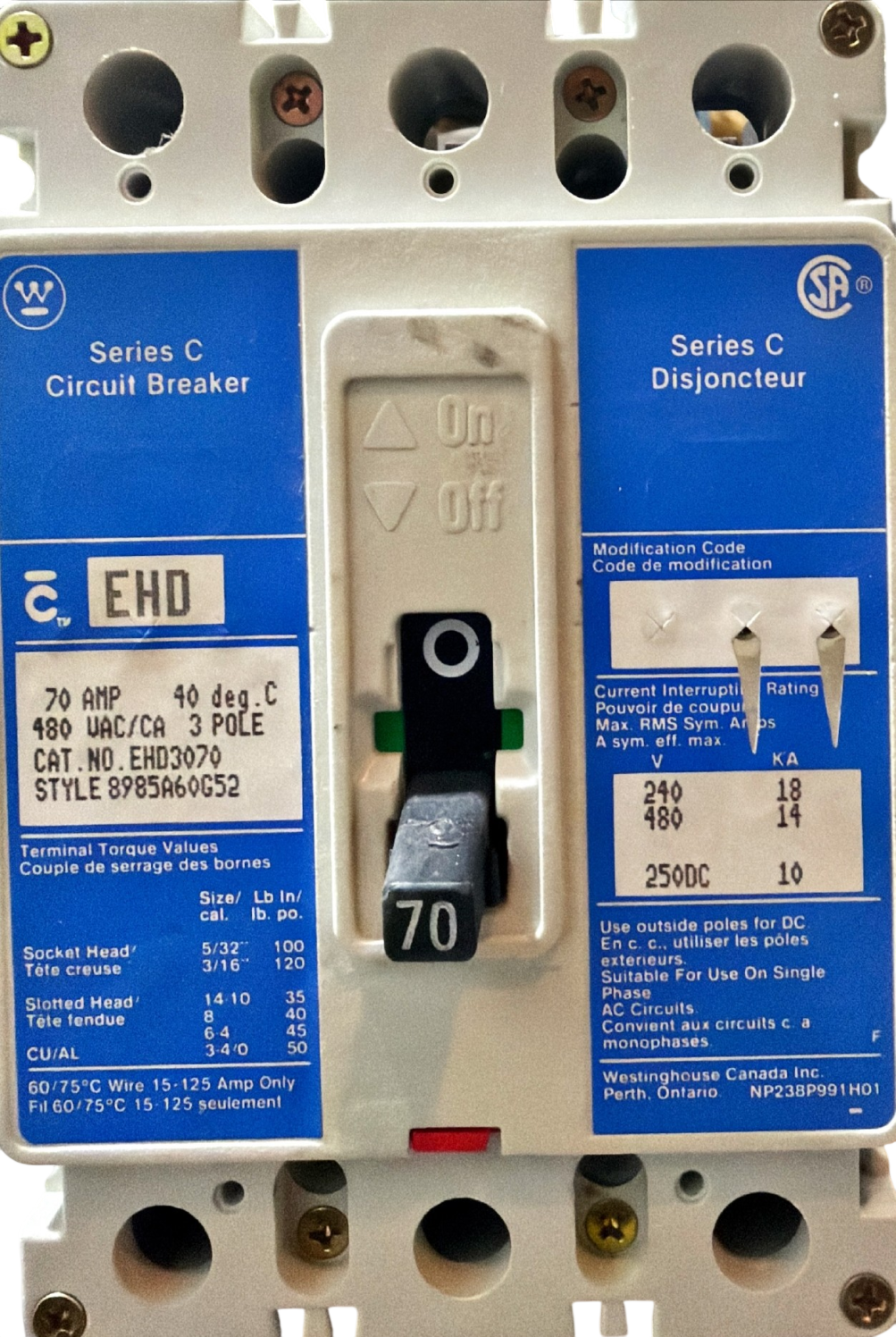 Series C Circuit Breaker 70 AMP 3 Pole EHD3070 style 8985A60G52