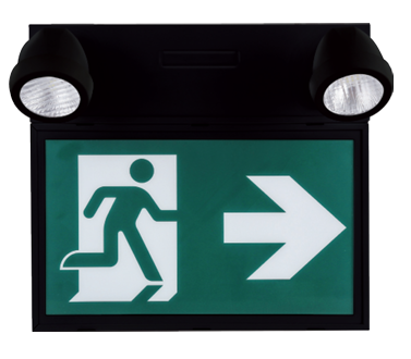 Black Running Man Exit Sign with Emergency Battery Unit and 2 Heads