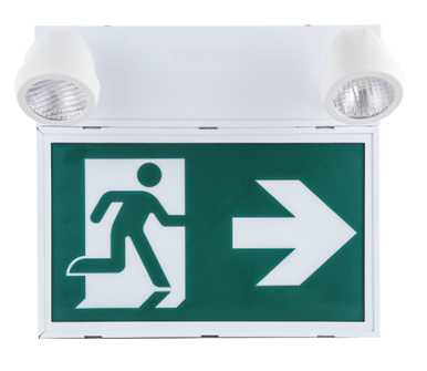 White Running Man Exit Sign with Emergency Battery Unit and 2 Heads