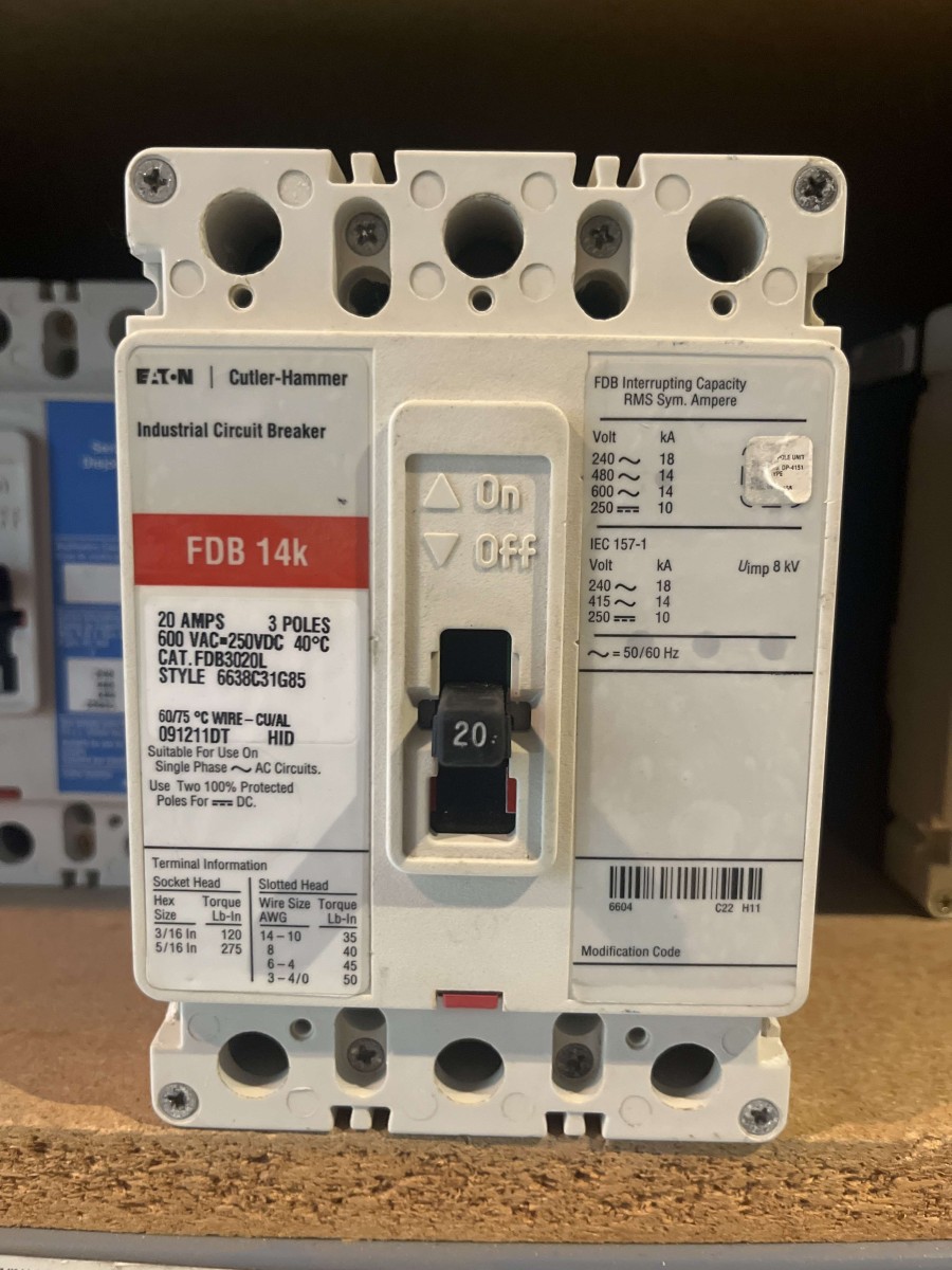 Eaton Cutler-Hammer FDB3020L Series C F-Frame Molded-Case Circuit Breaker β 20A, 3-Pole Style number: 6638C31G85