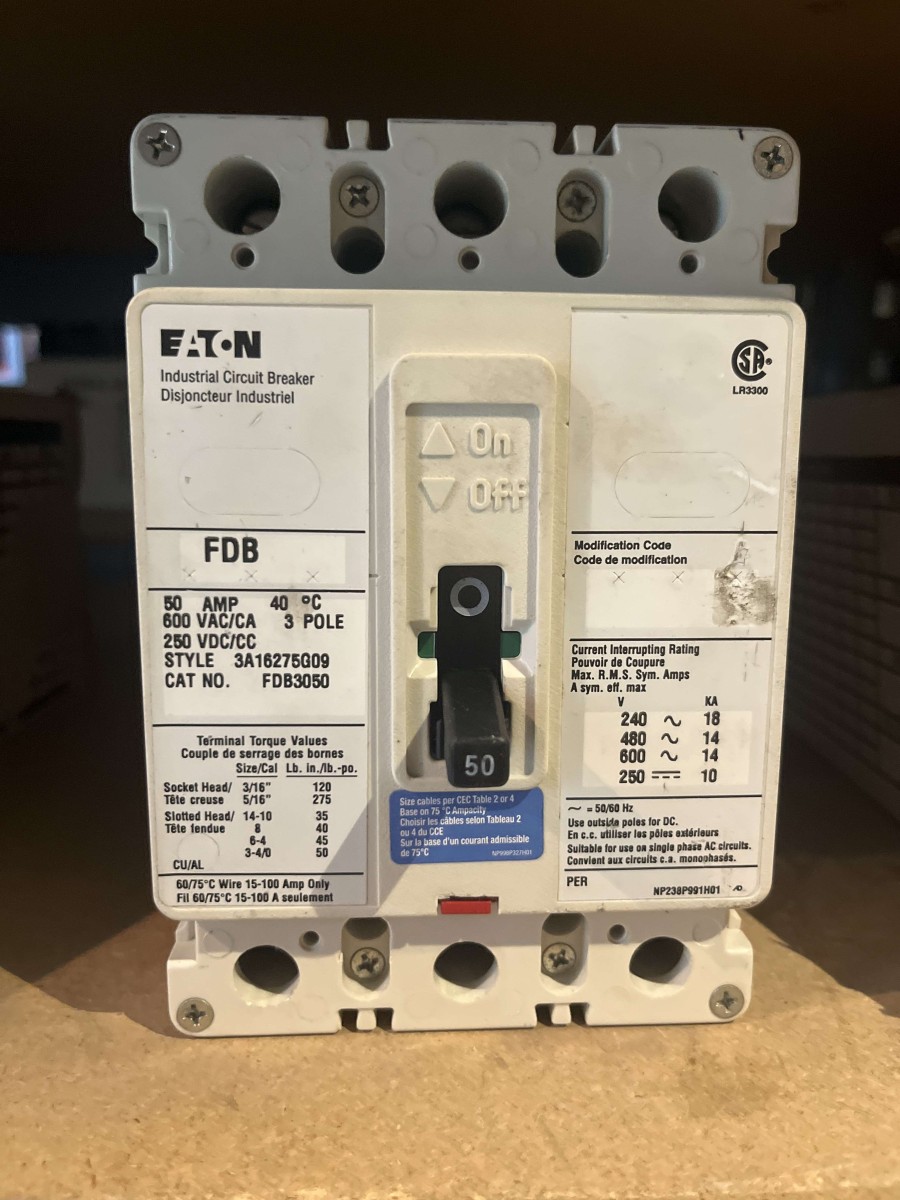 Eaton / Cutler-Hammer FDB3050 Series C, F-frame, 50A, 3-pole thermal-magnetic circuit breaker.