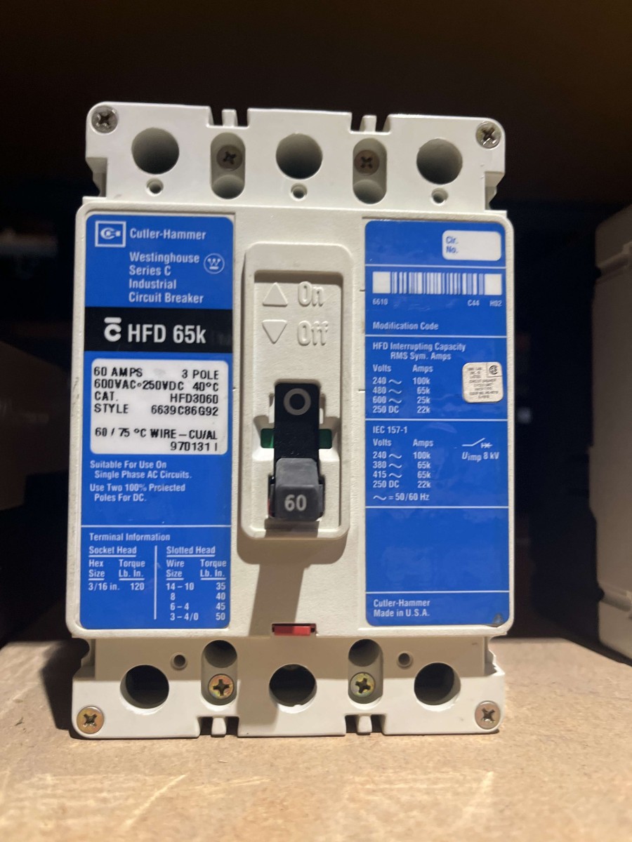 Eaton Cutler-Hammer HFD3060 Series C Circuit Breaker – 60A, 3-Pole, 600V – Style 6639C86G92