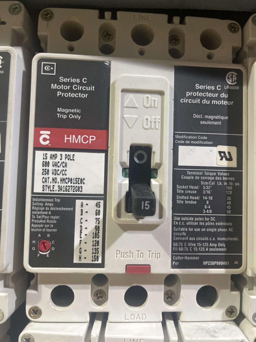 Cutler-Hammer HMCP015E0C Series C Motor Circuit Protector β 15A, 3-Pole, 600VAC/250VDC style 3A162726G3