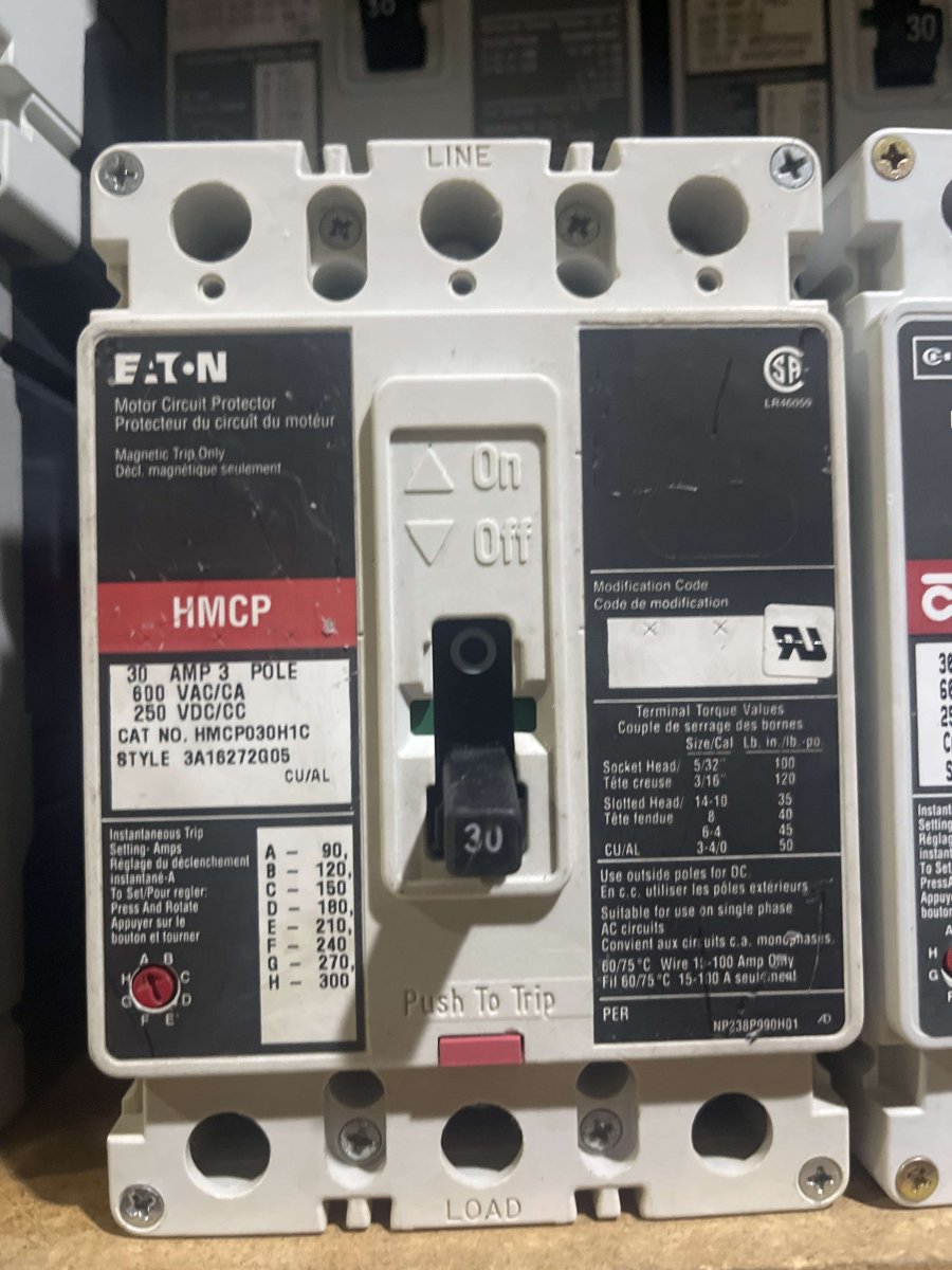 Eaton HMCPE030H1C Series G Motor Circuit Protector β 30A, 3-Pole, 600Y/347V, Adjustable Magnetic Trip