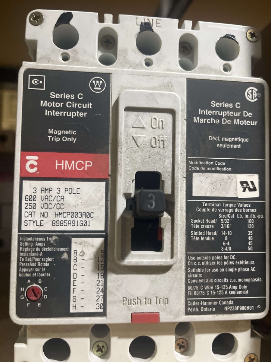 Eaton Cutler-Hammer HMCP003A0C Series C Motor Circuit Protector β 3A, 3-Pole, 600V, 9β30A Magnetic Trip