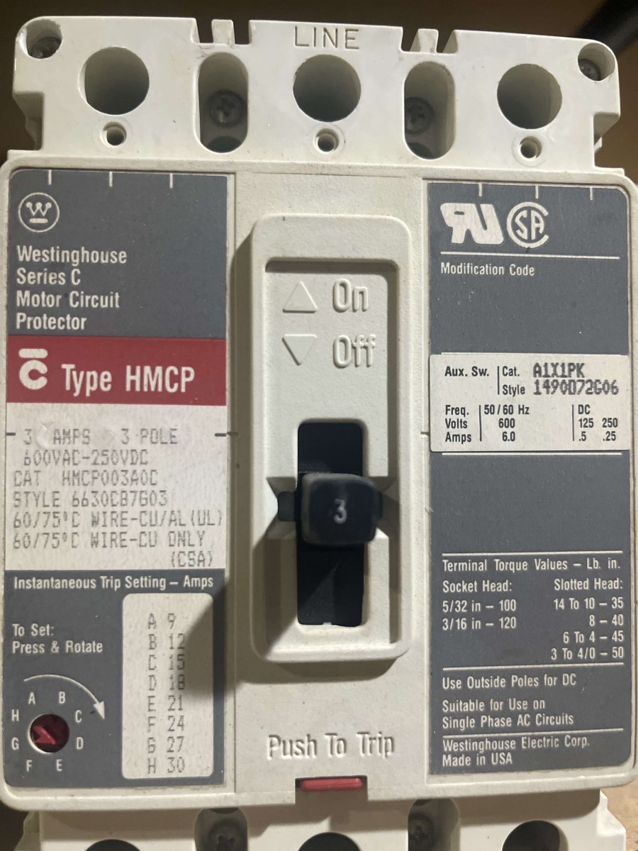 Westinghouse Series C HMCP003A0C 3-Amp, 3-Pole Motor Circuit Protector with Auxiliary Switch