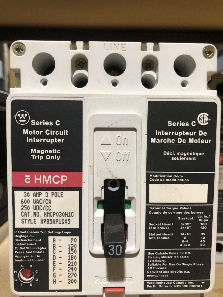 Eaton Cutler-Hammer HMCP030H1C Series C Motor Circuit Protector β 30A, 3-Pole, 600V, 90β300A Magnetic Trip