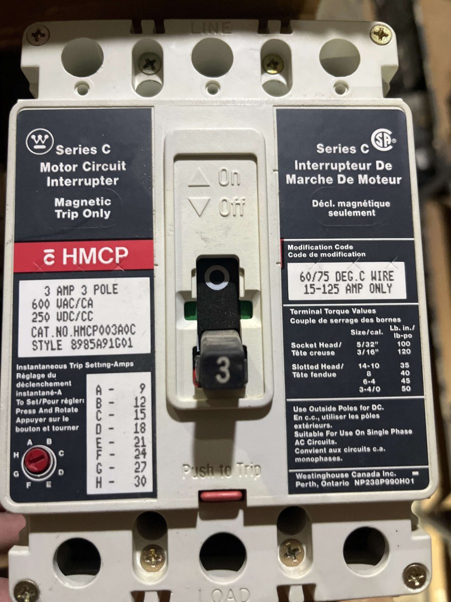 Westinghouse/Eaton HMCP003A0C Series C Motor Circuit Protector β 3A, 3-Pole Style: 8985A91G01
