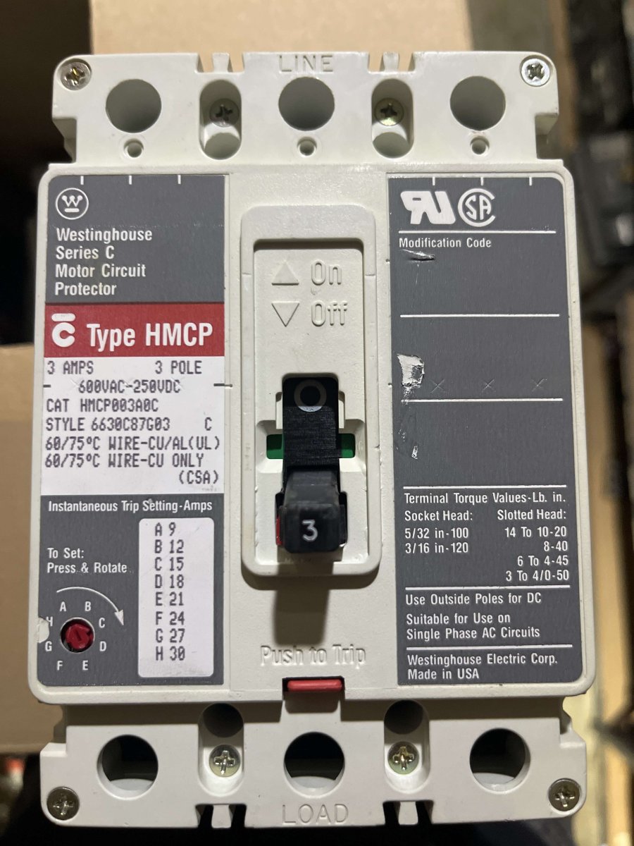 Eaton Cutler-Hammer HMCP003A0C Series C Motor Circuit Protector β 3A, 3-Pole, 600V, 9β30A Magnetic Trip