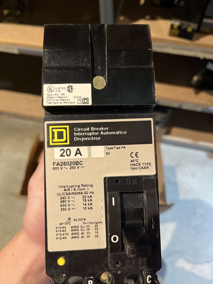 Square D FA26020BC 20A 2-Pole 600V Type FA I-Line Molded-Case Circuit Breaker β B/C Phase