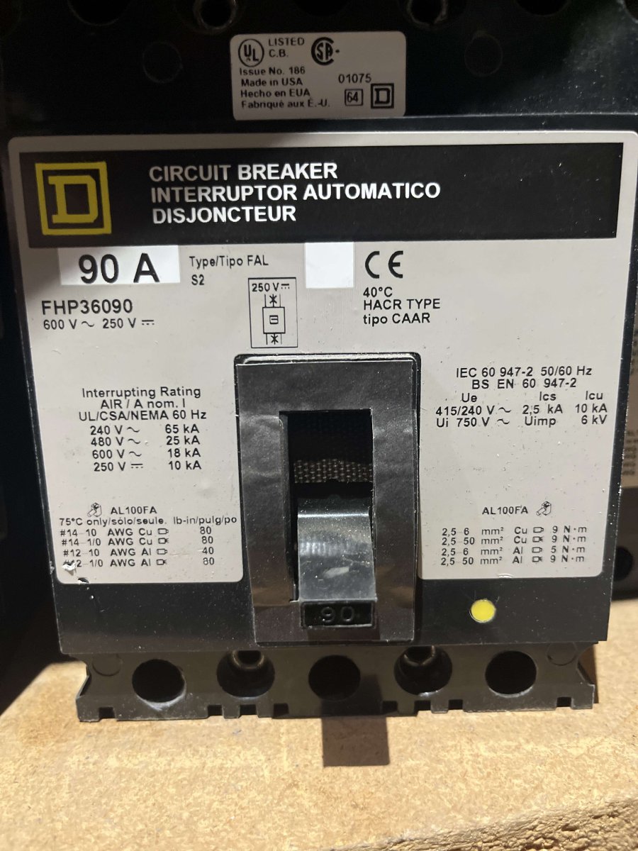 Square D FHP36090 High-Interrupting Molded-Case Circuit Breaker β 90A, 3-Pole, 600VAC/250VDC