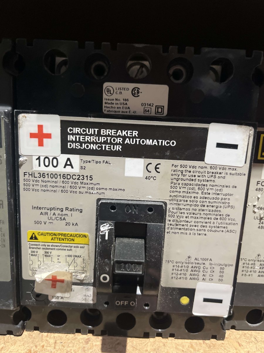 Square D FHL3610016DC2315 100A, 3-Pole, 500VDC Molded-Case Circuit Breaker