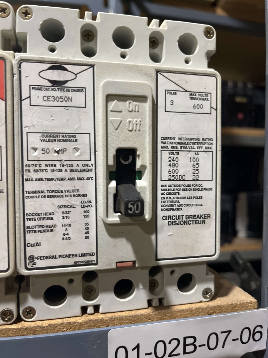 Federal Pioneer CE3050N Circuit Breaker β 50A, 3-Pole, 600V, 65kAIC at 480V