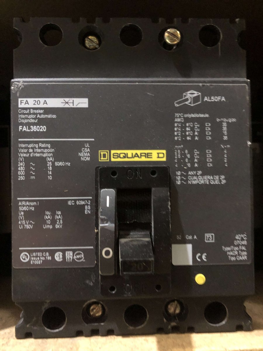 Square D / Schneider Electric FAL36020 20A 3-Pole 600V Type FAL Molded Case Circuit Breaker