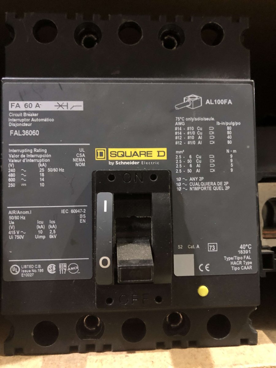 Square D / Schneider Electric FAL36060 60A 3-Pole 600V Type FAL Molded Case Circuit Breaker