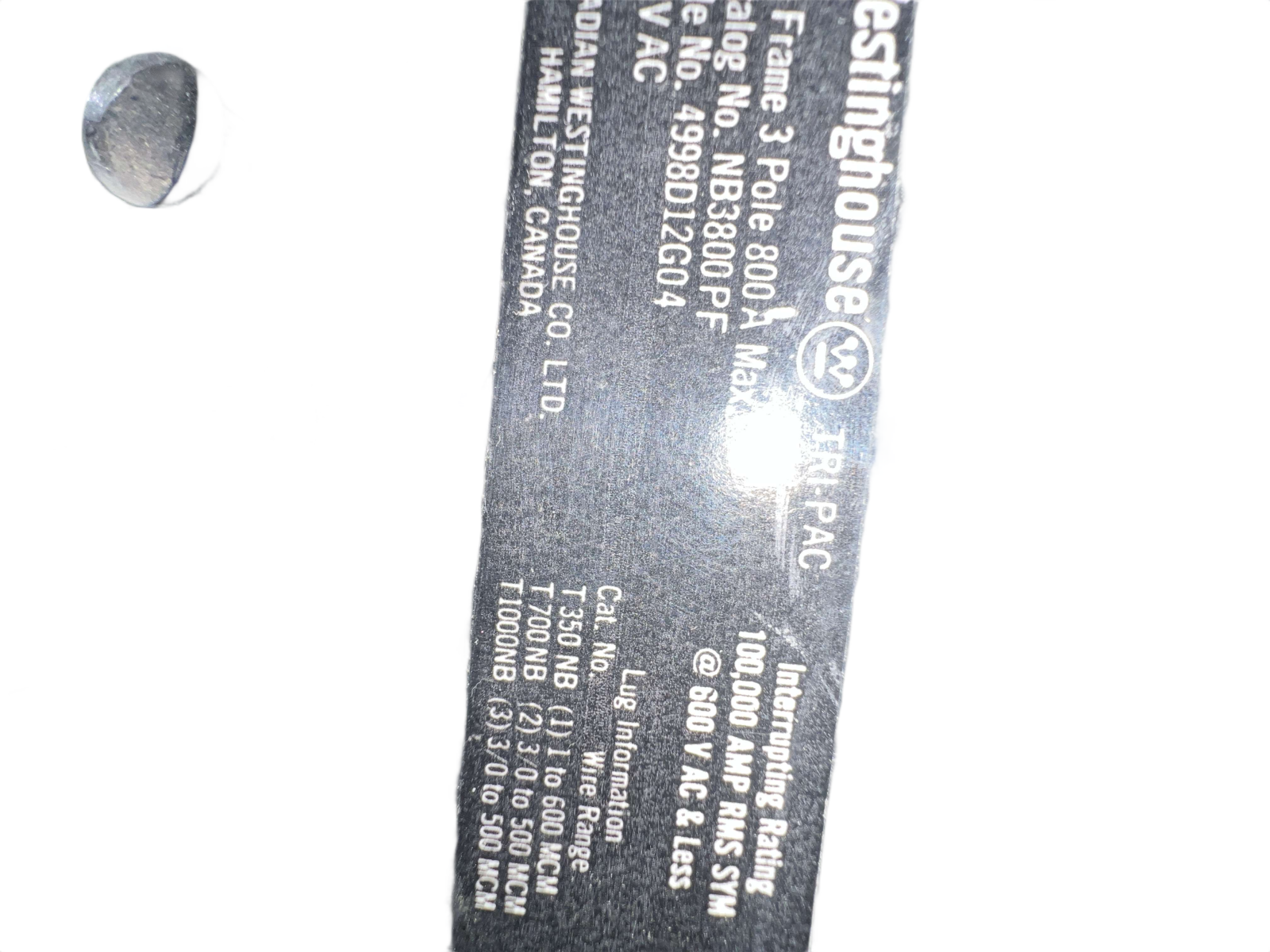 Westinghouse / Cutler-Hammer / Eaton NB3800PF 800A 3-Pole 600V NB Frame Molded Case Circuit Breaker