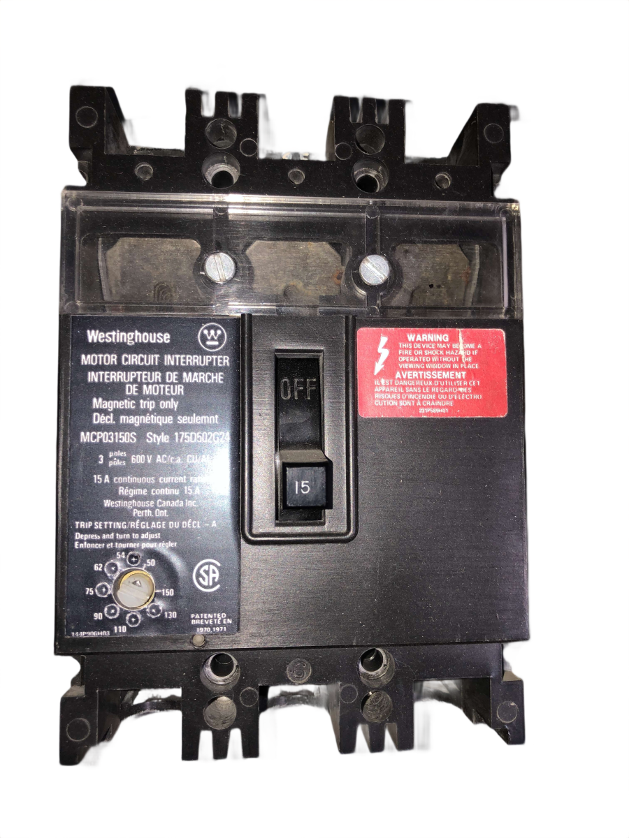 Westinghouse MCP03150S Motor Circuit Protector β 15A, 3-Pole, 600V, Adjustable Magnetic Trip
