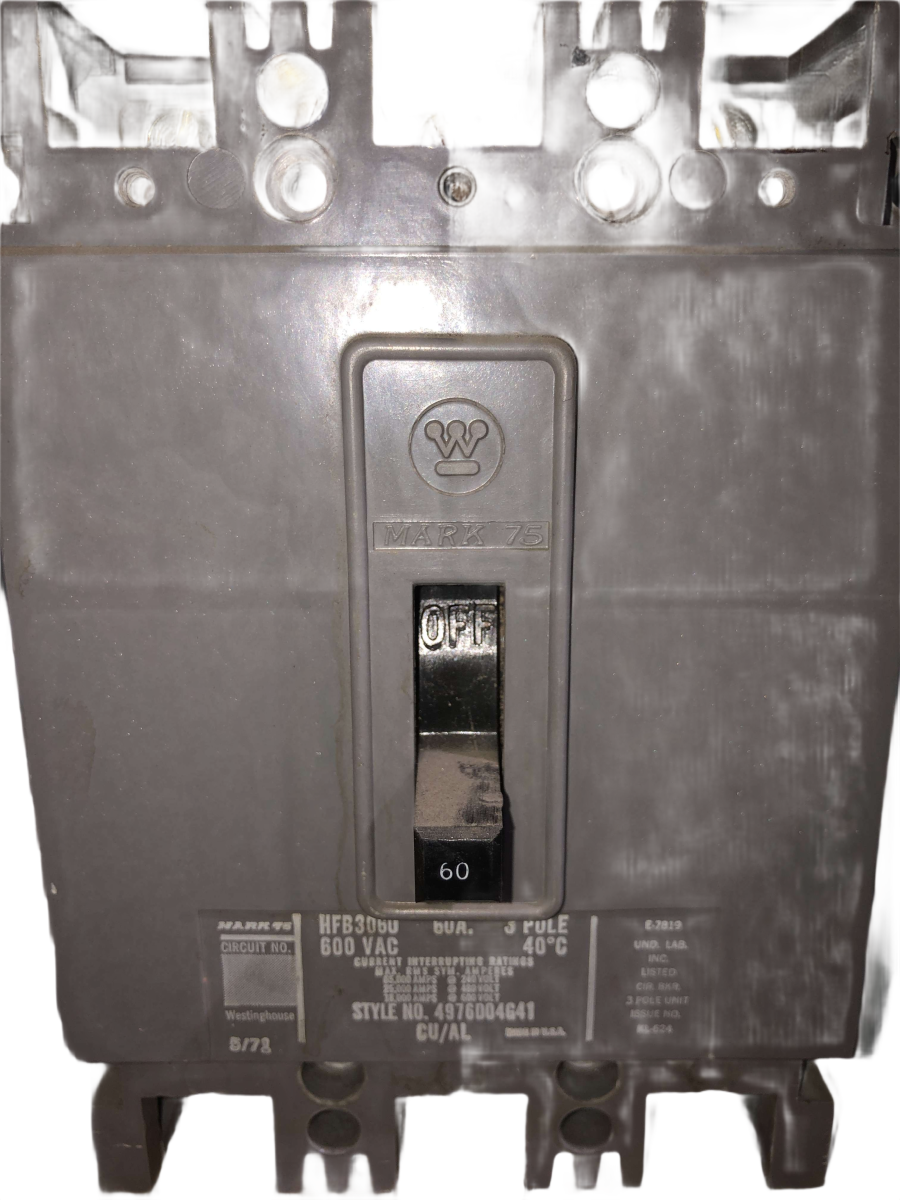 Westinghouse HFB3060 Mark 75 Circuit Breaker β 60A, 3-Pole, 600V β Style 4976D04G41