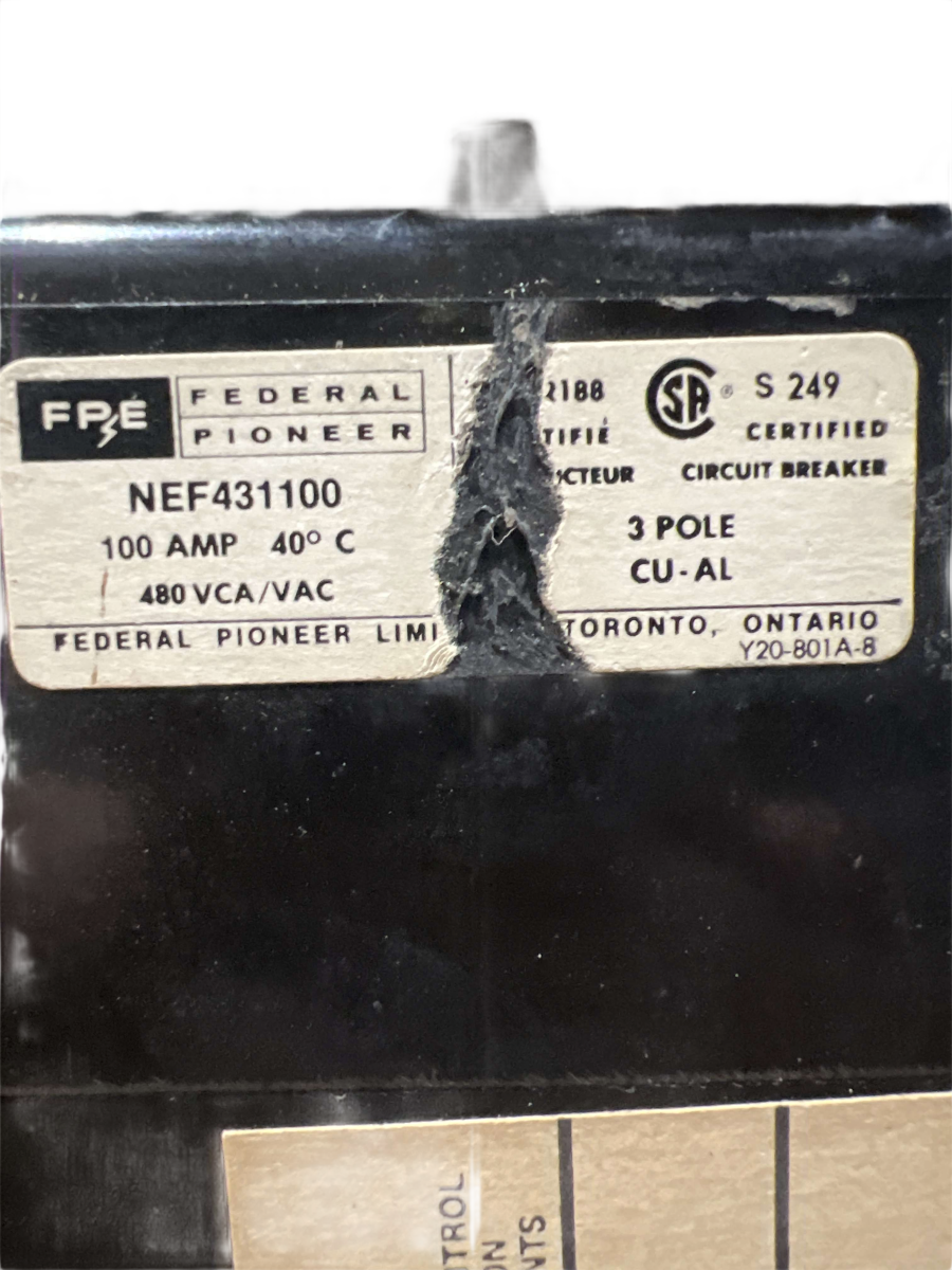 Federal Pioneer NEF431100 Molded-Case Circuit Breaker β 100A, 3-Pole, 480V