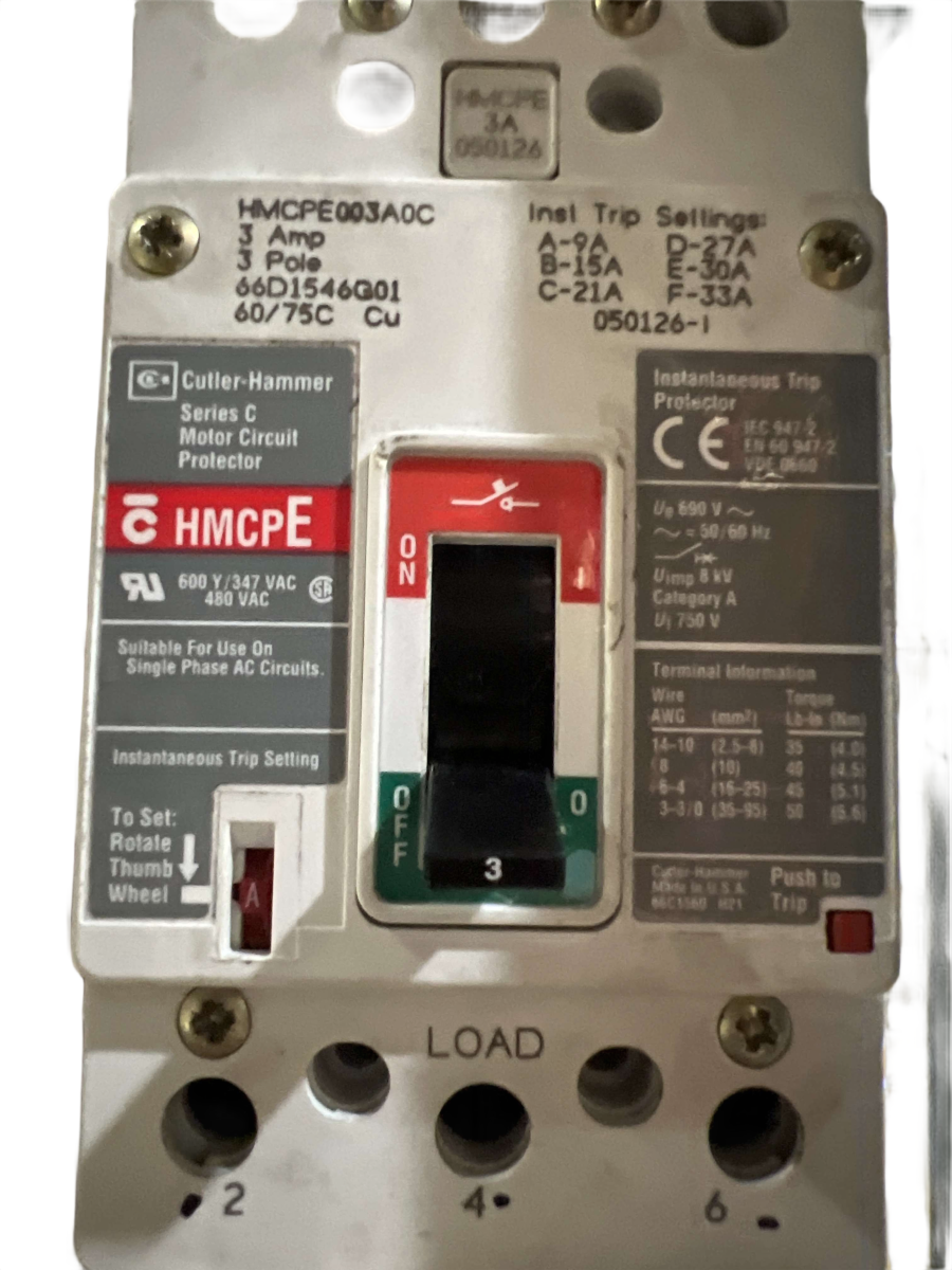Eaton Cutler-Hammer HMCPE003A0C 3A 3-Pole 600Y/347V Adjustable Motor Circuit Protector