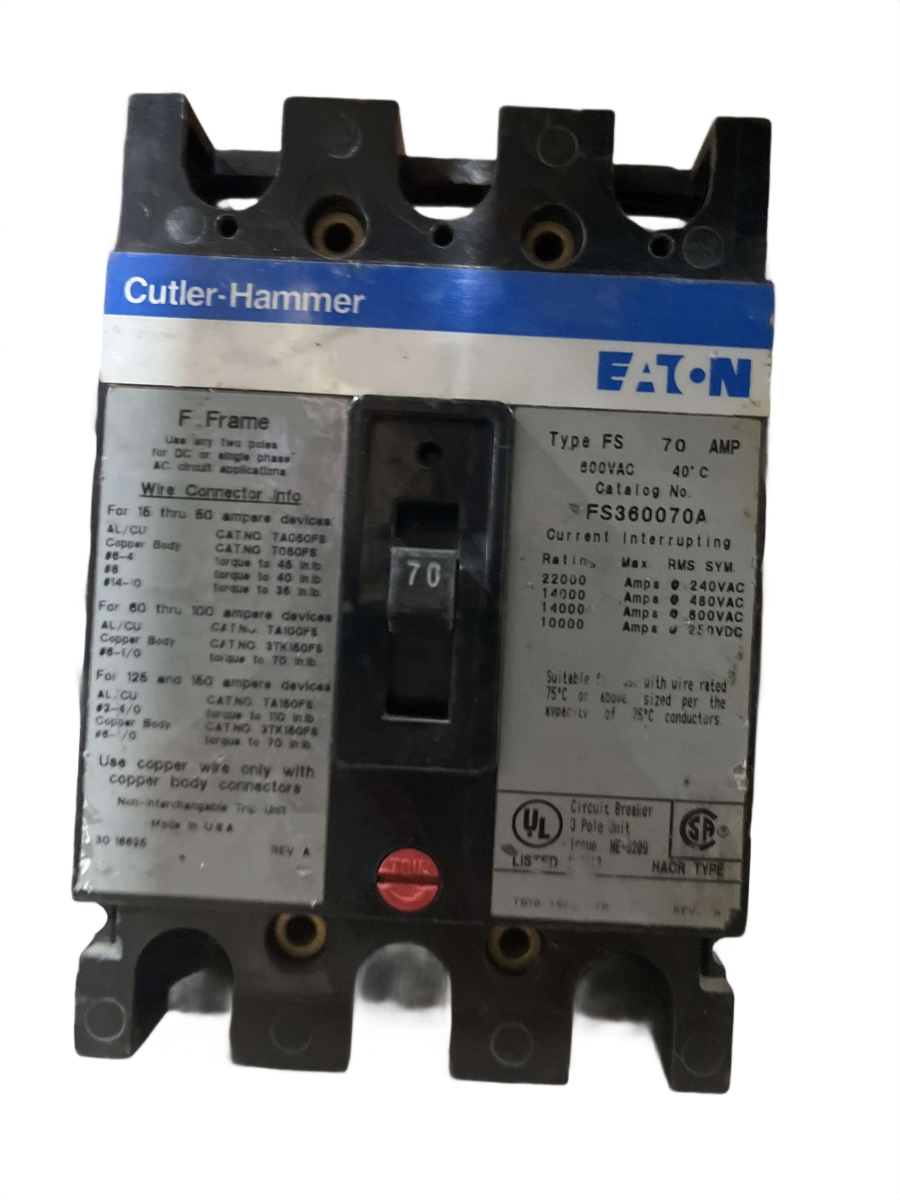 Eaton / Cutler-Hammer FS360070A Molded-Case Circuit Breaker – 70A, 3-Pole, 600V