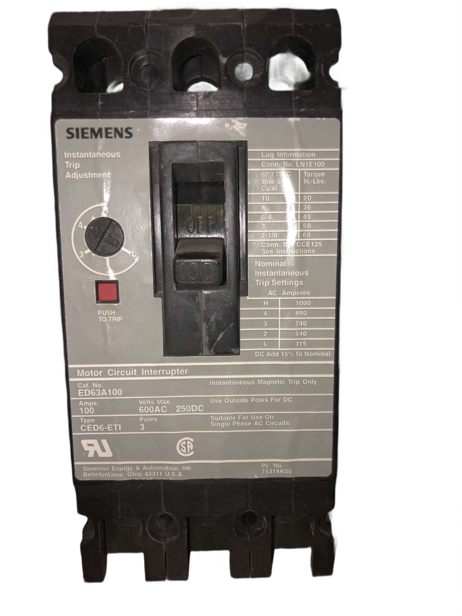 Siemens ED63A100 Sentron Motor Circuit Protector β 100A, 3-Pole, 600V, 315β1000A Magnetic Trip