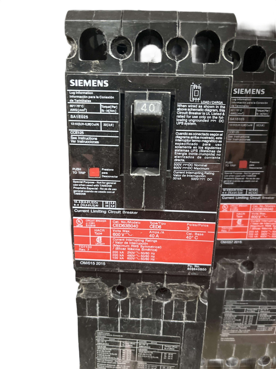 Siemens CED63B040 Sentron Current-Limiting Circuit Breaker – 40A, 3-Pole, 600V, 200kA