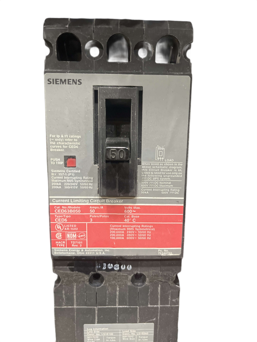 Siemens CED63B050 Sentron Current-Limiting Circuit Breaker – 50A, 3-Pole, 600V, 200kA