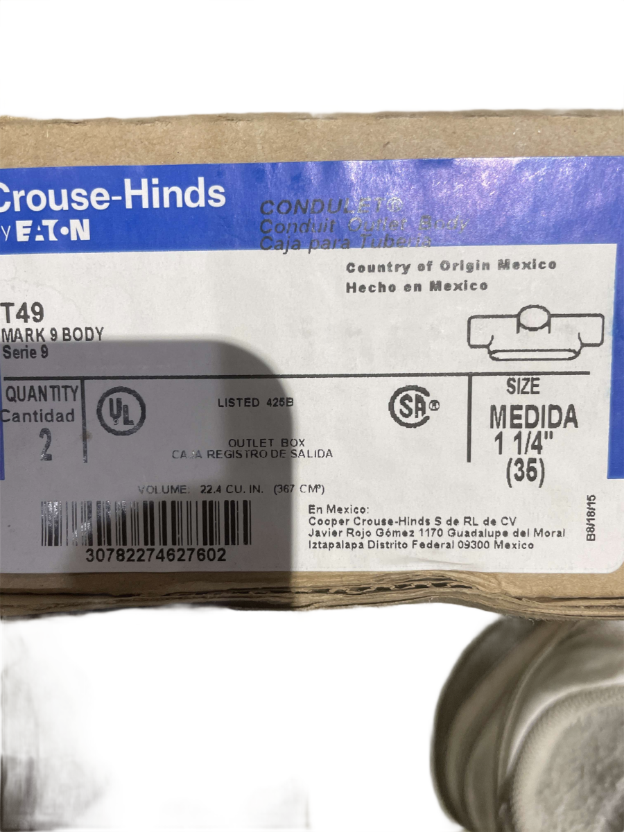 1-1/4" Eaton Crouse-Hinds T49 Mark 9 Aluminum T Conduit Body