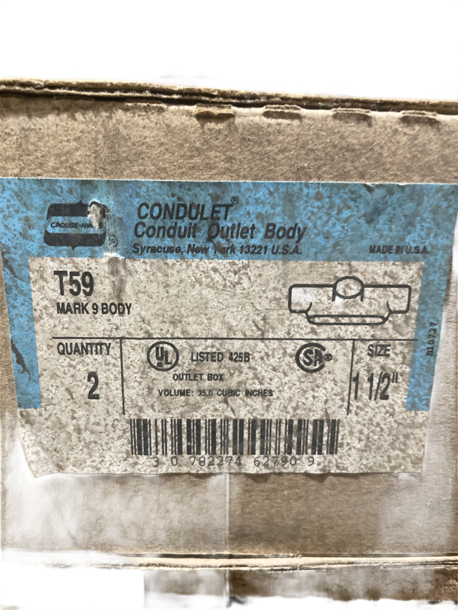 1-1/2" Eaton Crouse-Hinds T59 Mark 9 Aluminum T Conduit Body