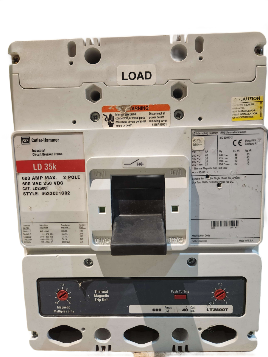 Eaton Cutler-Hammer LD2600F Series C Molded-Case Circuit Breaker Frame β 600A, 2-Pole, Style 6633C81G02