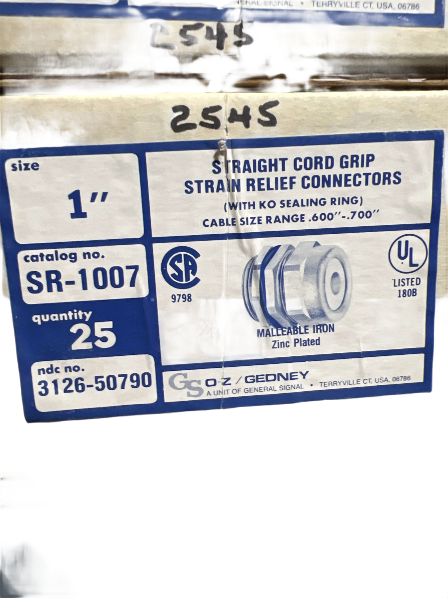 Product name: OβZ/Gedney Gold Seal SR-1007 1-Inch Straight Strain-Relief Cord-Grip Connector