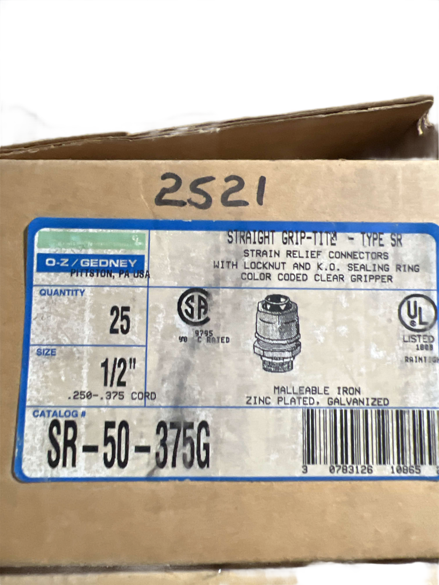 1/2" O-Z/Gedney SR-50-375G Straight Strain Relief Connector β 0.250" to 0.375" Cord