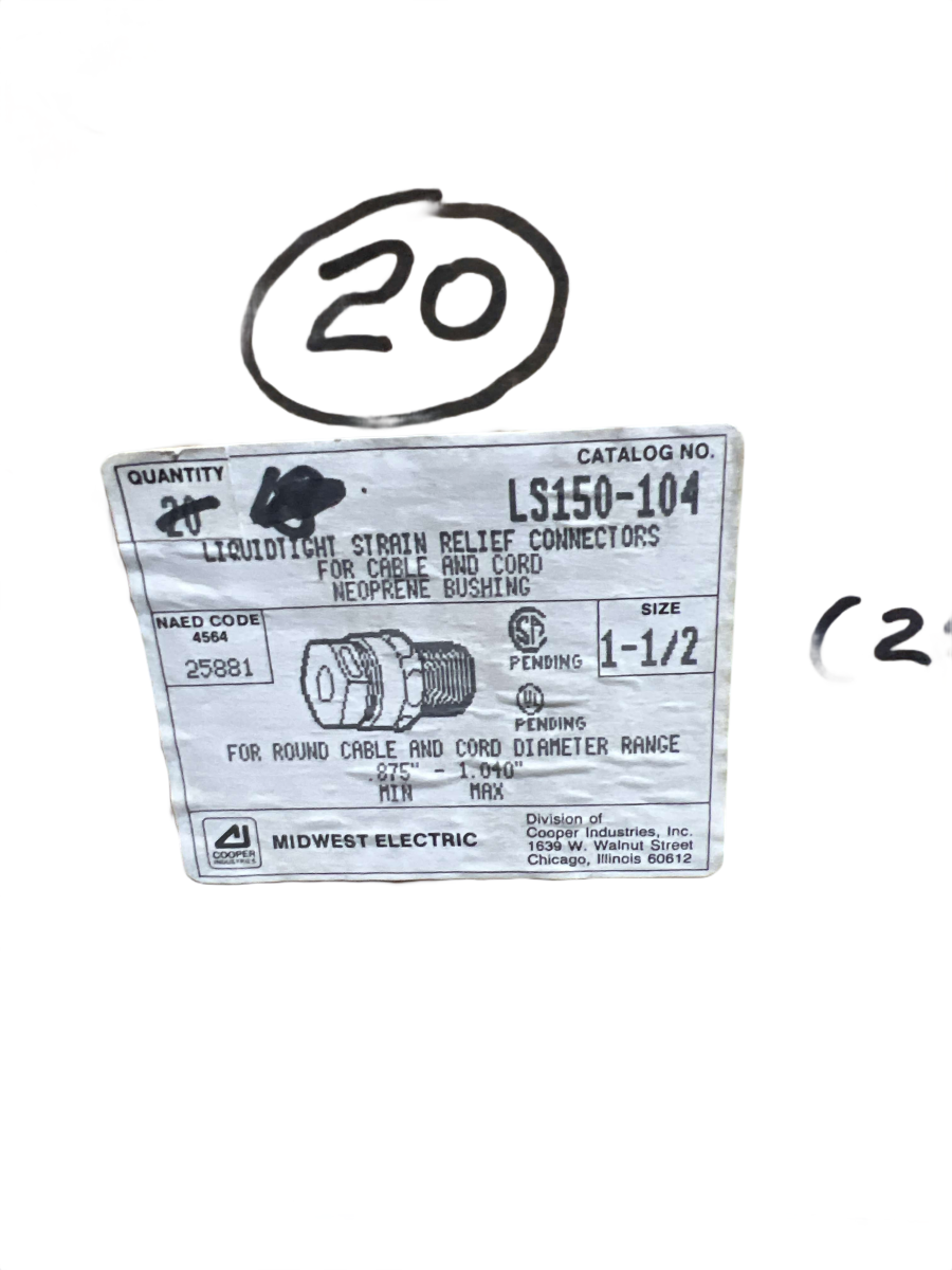 1-1/2" Midwest Electric LS150-104 Liquidtight Strain Relief Connector β 0.875" to 1.040" Cable