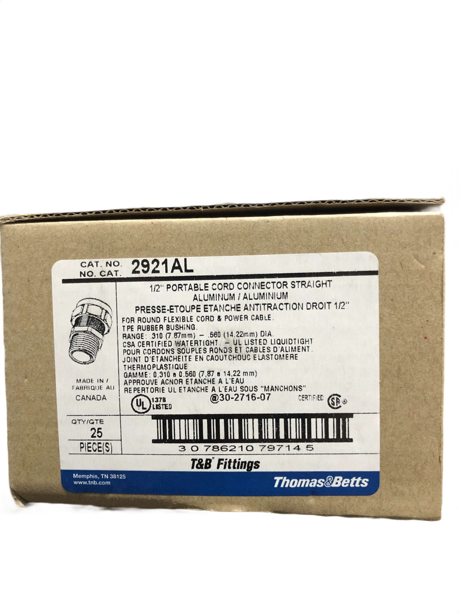 1/2" T&B 2921AL Ranger Aluminum Liquidtight Strain Relief Connector β 0.310" to 0.560" Cable