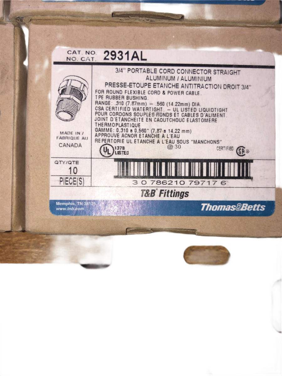 3/4" T&B 2931AL Ranger Aluminum Liquidtight Strain Relief Connector β 0.310" to 0.560" Cable