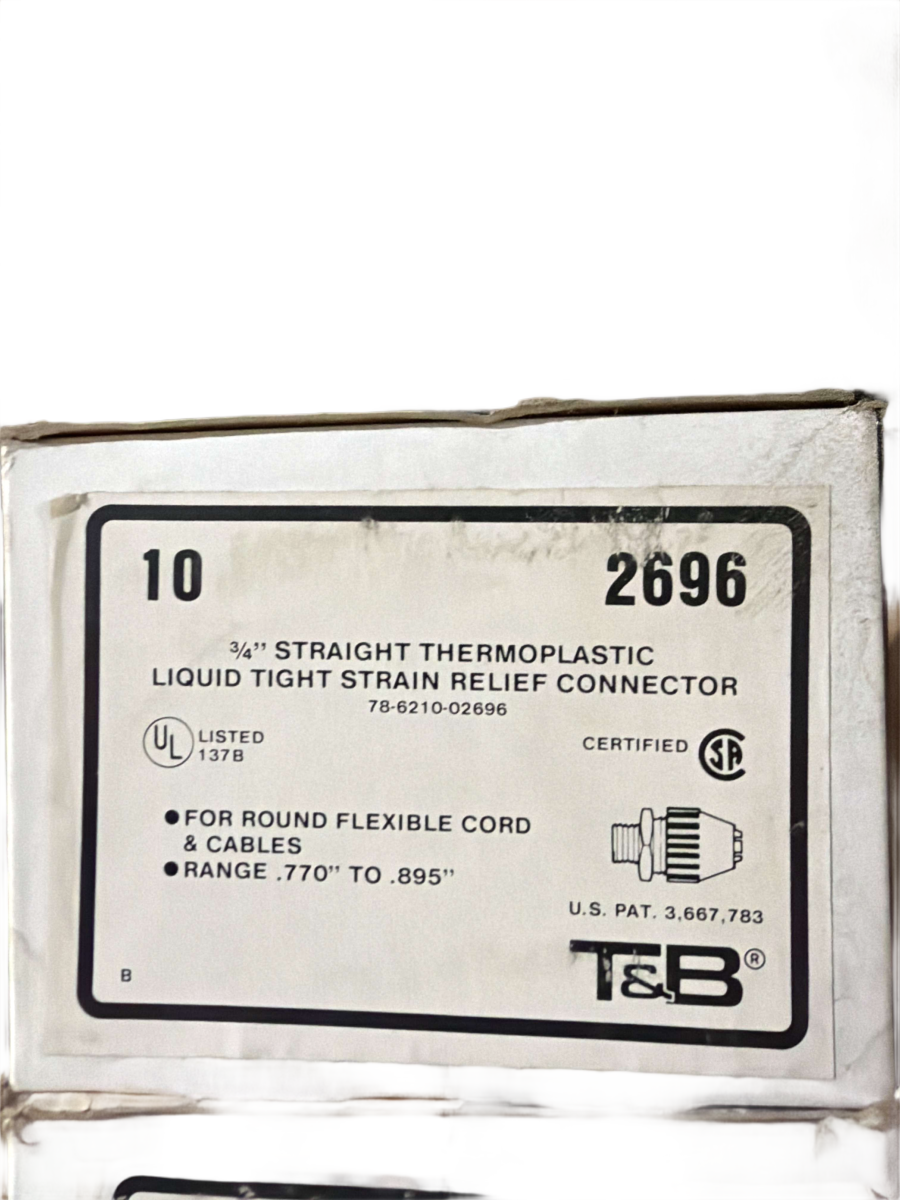 3/4" T&B 2696 Black Beauty Straight Nylon Liquidtight Strain Relief Connector β 0.770" to 0.895" Cable