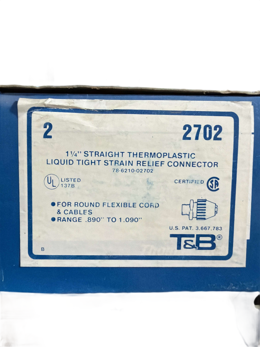1-1/4" T&B 2702 Straight Thermoplastic Liquidtight Strain Relief Connector β 0.890" to 1.090" Cable