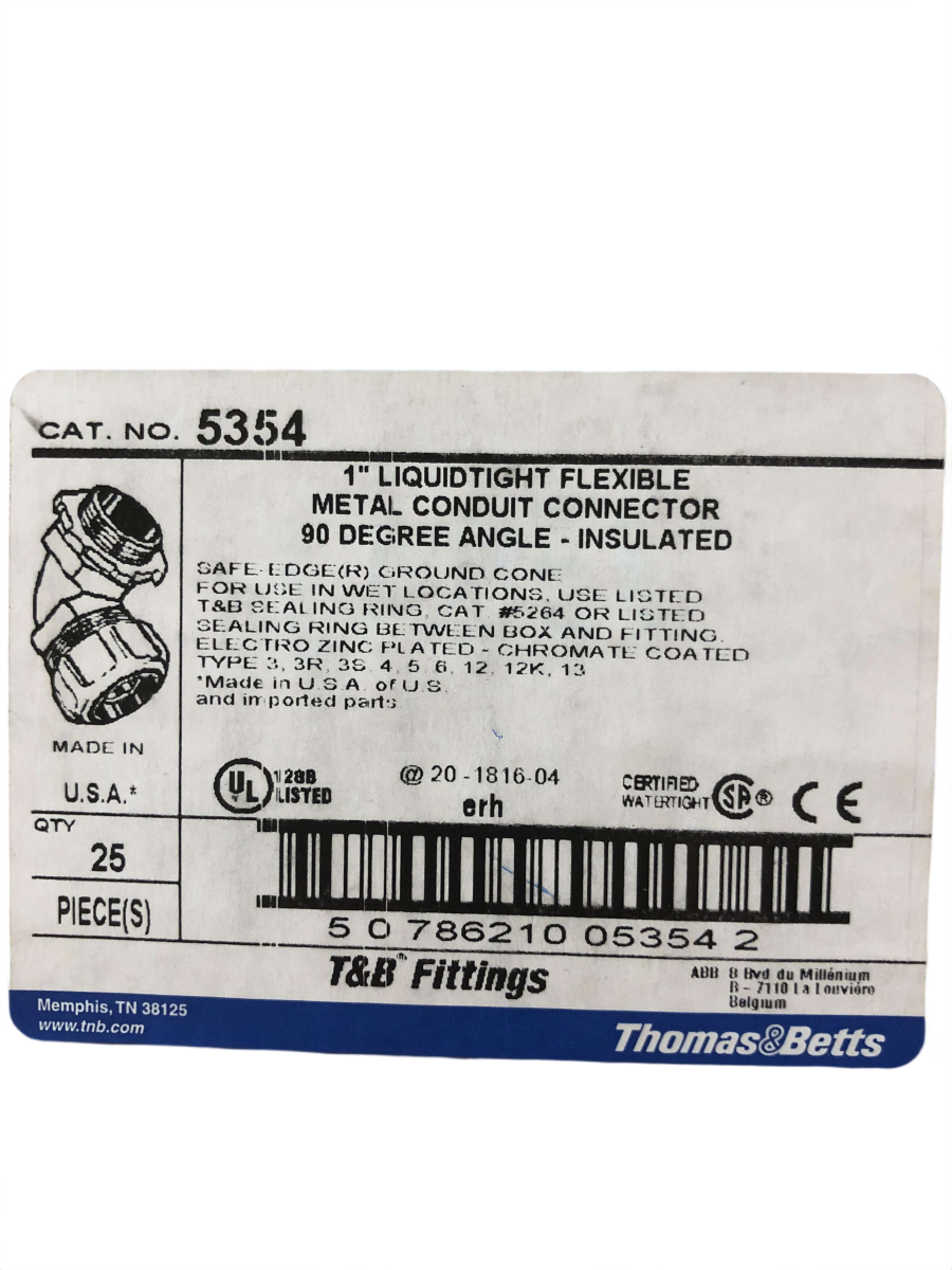 1" T&B 5354 90Β° Insulated Liquidtight Flexible Metal Conduit Connector