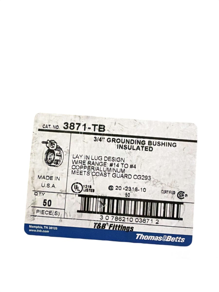 3/4" T&B 3871-TB Insulated Grounding Bushing with Lay-In Lug – #14 to #4 AWG