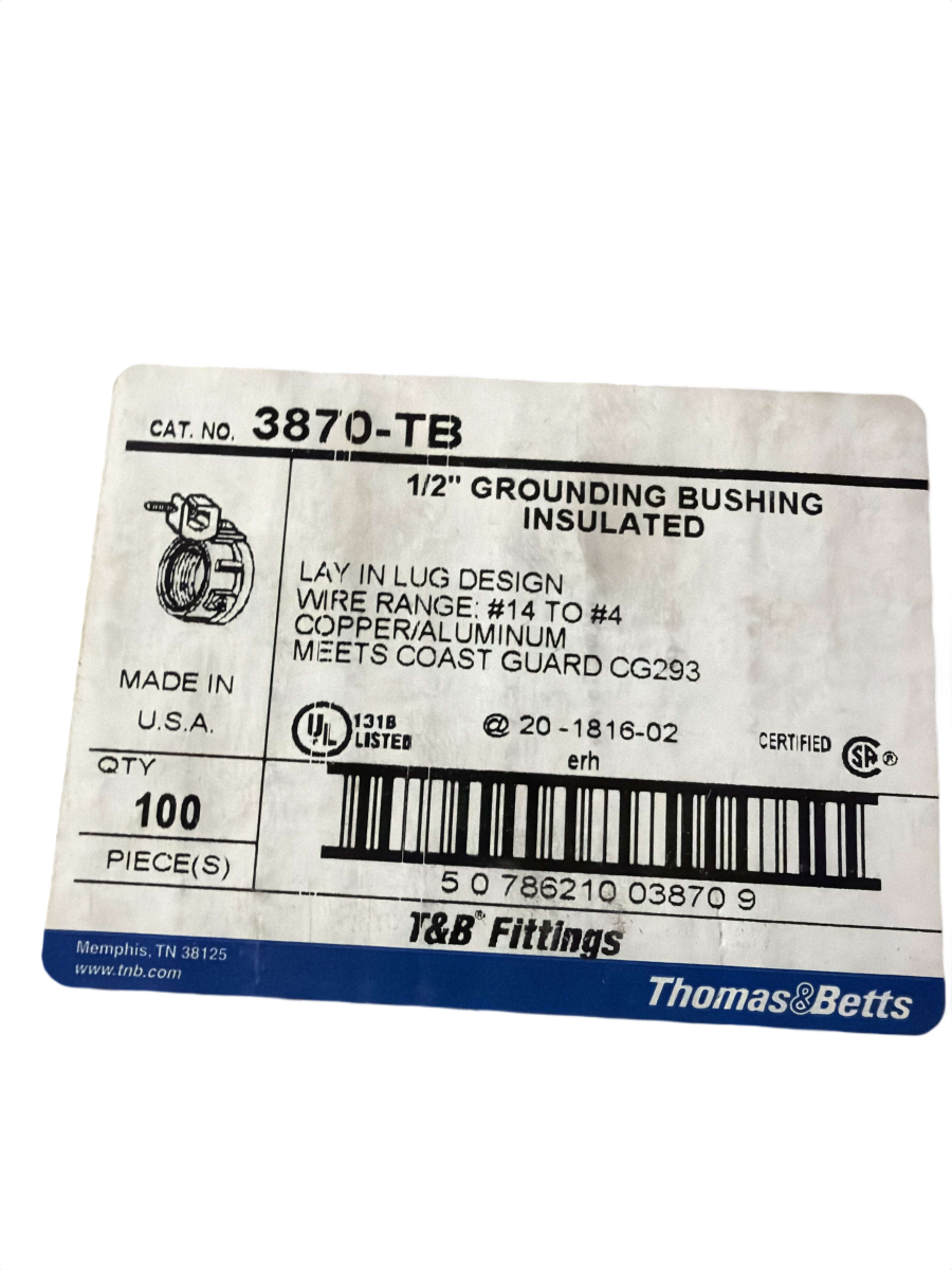 1/2" T&B 3870-TB Insulated Grounding Bushing with Lay-In Lug – #14 to #4 AWG