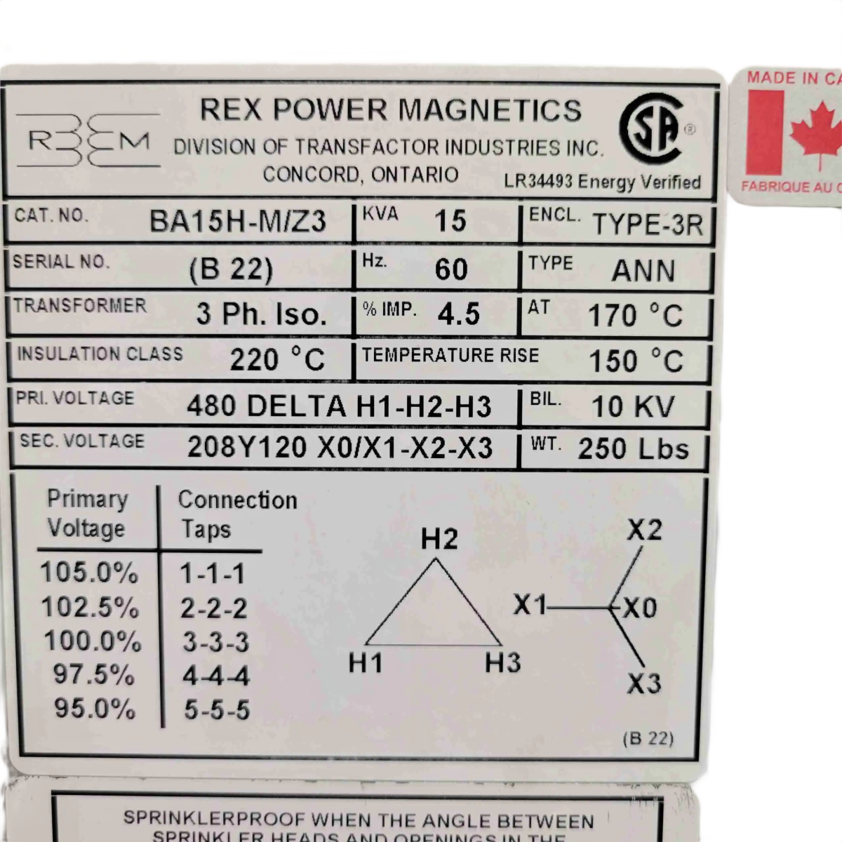 Rex BA150H-M/Z3 150 kVA 480 V to 208Y/120 V Three-Phase Isolation Transformer